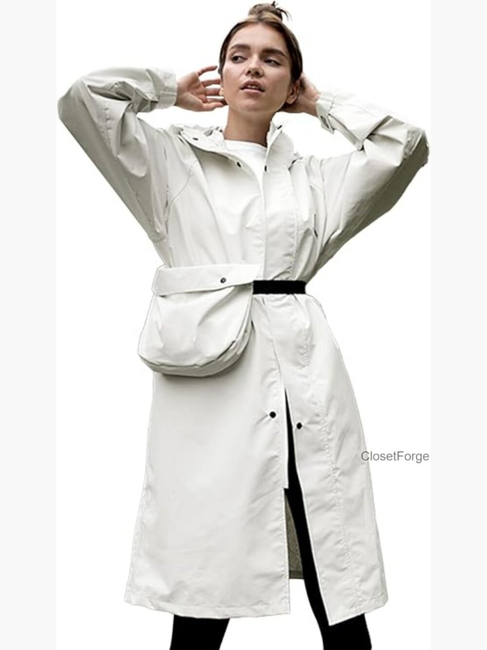Women's Waterproof Rain Jacket Hooded Long Trench Coat with Convertible Bag